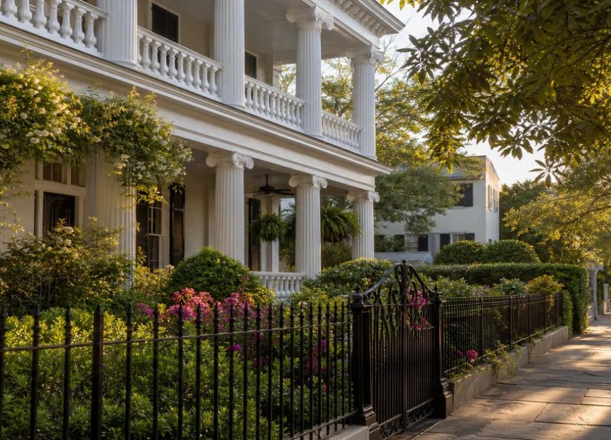 Historic Charleston SC home exterior with classical columns and restored architecture