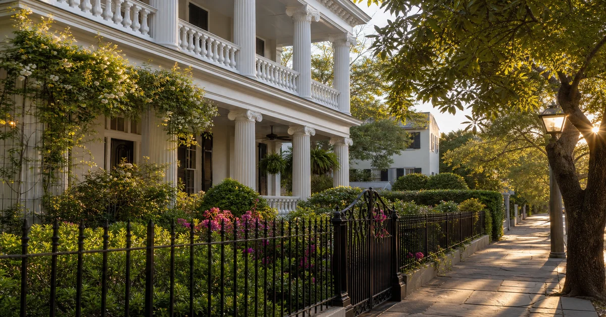 Historic Charleston SC home exterior with classical columns and restored architecture