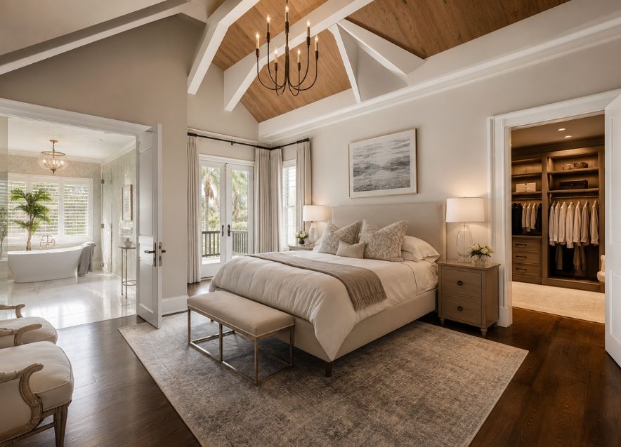 Custom primary suite addition in Charleston SC home with vaulted ceilings and spa bathroom