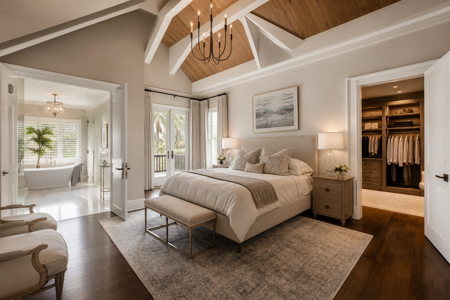 Custom primary suite addition in Charleston SC home with vaulted ceilings and spa bathroom