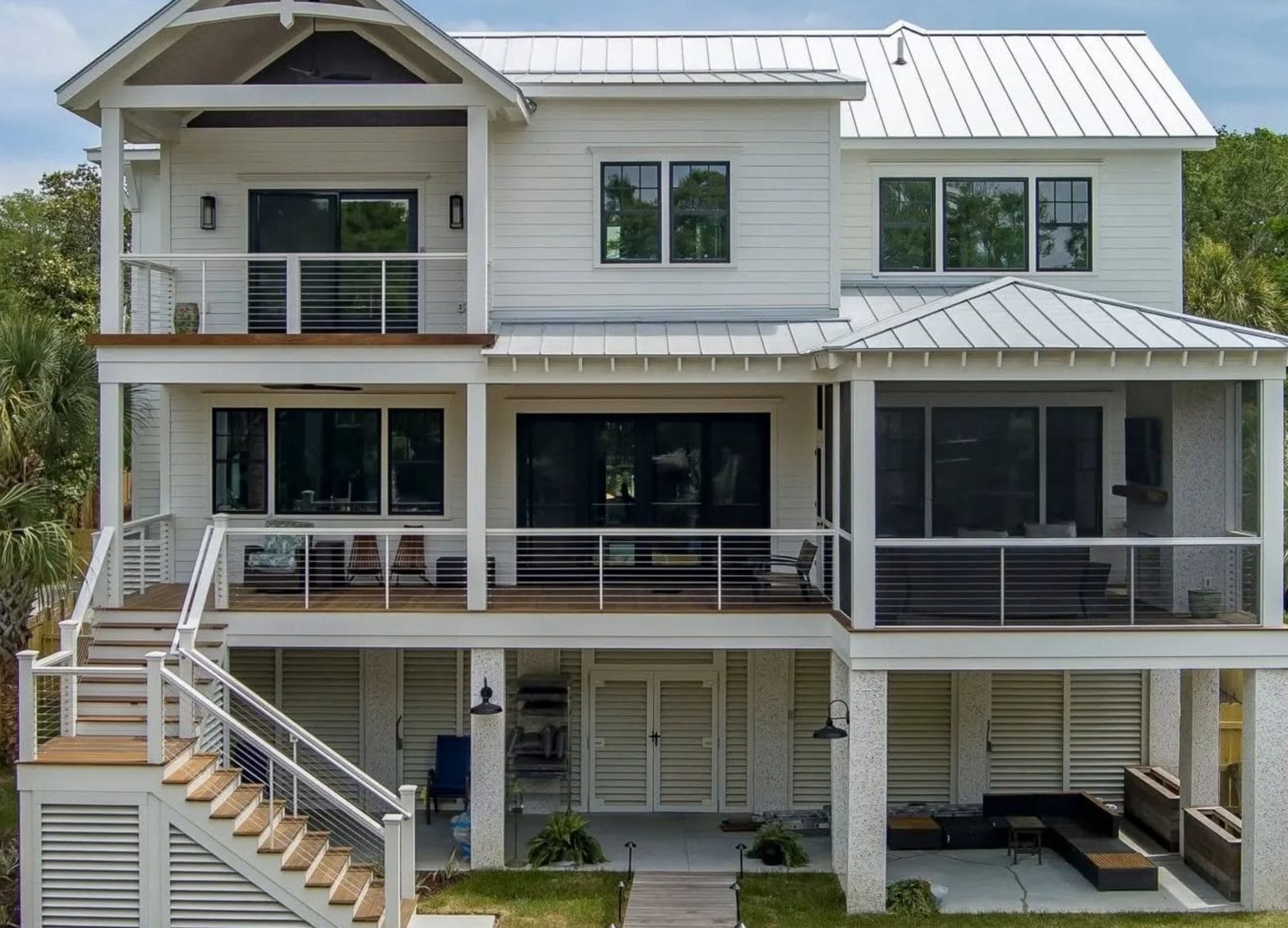 Custom-built home with unique architectural design and outdoor living spaces